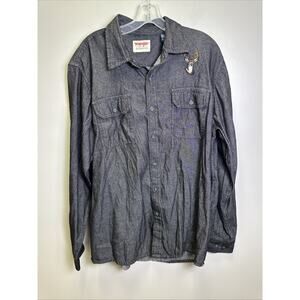 VTG‎ Wrangler Authentic Button Down L Black Chambray Denim Embroidered Deer Rare